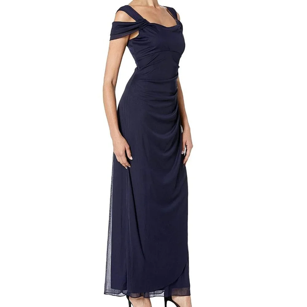 Alex Evenings Navy Blue Cold Shoulder Ruffle Gown - Picture 2 of 3